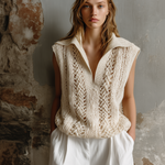 ElevenOra Chic Casual Off-White Lapel Collar V-Neck Sleeveless Loose-Fit Hollow-Out Knit Vest Top