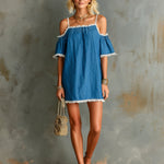 ElevenOra Chic Elegant Blue Cotton-Linen Blend Square-Neck Short-Sleeve Shoulder Cutout Star Fringe Detail Loose-Fit Mini Dress