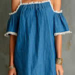 ElevenOra Chic Elegant Blue Cotton-Linen Blend Square-Neck Short-Sleeve Shoulder Cutout Star Fringe Detail Loose-Fit Mini Dress