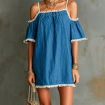 ElevenOra Chic Elegant Blue Cotton-Linen Blend Square-Neck Short-Sleeve Shoulder Cutout Star Fringe Detail Loose-Fit Mini Dress