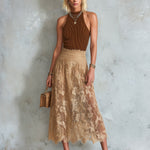 ElevenOra Chic Elegant Brown Sleeveless Slim-Fit Rib Tank Top Camel Lace A-Line Midi Skirt Two-Piece Set