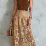 ElevenOra Chic Elegant Brown Sleeveless Slim-Fit Rib Tank Top Camel Lace A-Line Midi Skirt Two-Piece Set