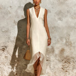 ElevenOra Chic Elegant Beige Cotton-Linen Blend V-Neck Sleeveless Mesh Patchwork Asymmetrical Hem A-Line Midi Dress