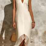 ElevenOra Chic Elegant Beige Cotton-Linen Blend V-Neck Sleeveless Mesh Patchwork Asymmetrical Hem A-Line Midi Dress