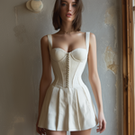 ElevenOra Chic Elegant White Wide Straps Sweetheart-Neck Corset-Style Bodice Button-Front Sleeveless Pleated A-Line Ribbed Fabric Mini Dress
