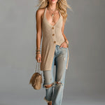 ElevenOra Chic Elegant Camel Halter V-Neck Sleeveless Single-Breasted Slim-Fit Ribbed Knit Vest Top
