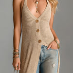 ElevenOra Chic Elegant Camel Halter V-Neck Sleeveless Single-Breasted Slim-Fit Ribbed Knit Vest Top