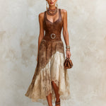ElevenOra Chic Elegant Brown-Beige Colorblock Diamond-Neck Sleeveless Slim-Fit Belted PU Vest Top Lace A-Line Asymmetrical Hem Midi Skirt Two-Piece Set