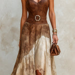 ElevenOra Chic Elegant Brown-Beige Colorblock Diamond-Neck Sleeveless Slim-Fit Belted PU Vest Top Lace A-Line Asymmetrical Hem Midi Skirt Two-Piece Set