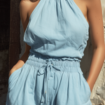 ElevenOra Chic Casual Blue Halter Neck Cotton-Linen Ruffled Collar Sleeveless Elastic-Waist Romper