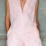ElevenOra Chic Elegant Pink-White Pinstripe Lapel Single-Breasted Sleeveless Multi-Pocket Loose-Fit Romper