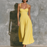 ElevenOra Chic Elegant Bright Yellow Spaghetti Straps Sweetheart-Neck Sleeveless Slim-Fit A-Line Ribbed Fabric Midi Dress