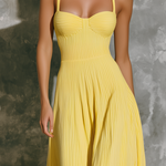 ElevenOra Chic Elegant Bright Yellow Spaghetti Straps Sweetheart-Neck Sleeveless Slim-Fit A-Line Ribbed Fabric Midi Dress