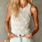 ElevenOra Chic Elegant Cream White 3D Argyle Jacquard Round-Neck Sleeveless Slim-Fit Knit Vest Top