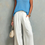 ElevenOra Chic Elegant Blue V-Neck Sleeveless Oversize Knit Vest White Cotton Blend Belted Wide-Leg Pants Two-Piece Set