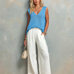 ElevenOra Chic Elegant Blue V-Neck Sleeveless Oversize Knit Vest White Cotton Blend Belted Wide-Leg Pants Two-Piece Set