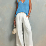 ElevenOra Chic Elegant Blue V-Neck Sleeveless Oversize Knit Vest White Cotton Blend Belted Wide-Leg Pants Two-Piece Set