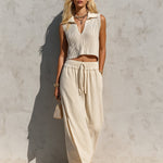 ElevenOra Chic Elegant Beige Lapel V-Neck Ribbed Knit Vest Cotton-Linen Blend Drawstring-Waist Maxi Skirt Loose-Fit Two-Piece Set