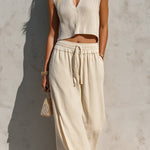 ElevenOra Chic Elegant Beige Lapel V-Neck Ribbed Knit Vest Cotton-Linen Blend Drawstring-Waist Maxi Skirt Loose-Fit Two-Piece Set