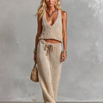 ElevenOra Chic Elegant Light Camel Deep V-Neck Vest Drawstring-Waist Maxi Skirt Regular-Fit Breathable Ribbed Knit Two-Piece Set