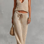 ElevenOra Chic Elegant Light Camel Deep V-Neck Vest Drawstring-Waist Maxi Skirt Regular-Fit Breathable Ribbed Knit Two-Piece Set