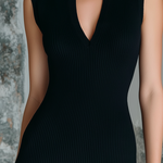 ElevenOra Chic Elegant Black-White Colorblock Stand Collar V-Neck Sleeveless Chiffon A-Line Pleated Slim-Fit Ribbed Knit Mini Dress