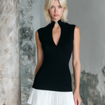 ElevenOra Chic Elegant Black-White Colorblock Stand Collar V-Neck Sleeveless Chiffon A-Line Pleated Slim-Fit Ribbed Knit Mini Dress