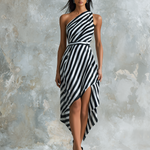 ElevenOra Chic Elegant Black-White Stripe One-Shoulder Sleeveless  Asymmetric Handkerchief Hem Chiffon Midi Dress