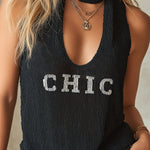 ElevenOra Chic Elegant Black Round-Neck Sleeveless Cutout Detail Letter Jacquard Slim-Fit Knit Vest Top