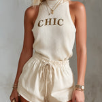 ElevenOra Chic Elegant Beige Round-Neck Sleeveless Letter Jacquard Knit Vest Cotton Blend Drawstring-Waist Shorts Two-Piece Set