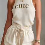 ElevenOra Chic Elegant Beige Round-Neck Sleeveless Letter Jacquard Knit Vest Cotton Blend Drawstring-Waist Shorts Two-Piece Set