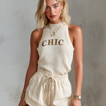 ElevenOra Chic Elegant Beige Round-Neck Sleeveless Letter Jacquard Knit Vest Cotton Blend Drawstring-Waist Shorts Two-Piece Set