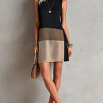 ElevenOra Chic Elegant Black-Brown Colorblock Round-Neck Sleeveless Loose-Fit A-Line Knit Mini Dress