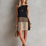 ElevenOra Chic Elegant Black-Brown Colorblock Round-Neck Sleeveless Loose-Fit A-Line Knit Mini Dress