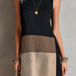ElevenOra Chic Elegant Black-Brown Colorblock Round-Neck Sleeveless Loose-Fit A-Line Knit Mini Dress
