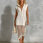 ElevenOra Chic Elegant Cream White Zipper-Up Lapel Collar Sleeveless Mesh Hem Detail Loose-Fit Knit Midi Dress