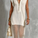 ElevenOra Chic Elegant Cream White Zipper-Up Lapel Collar Sleeveless Mesh Hem Detail Loose-Fit Knit Midi Dress