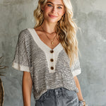 ElevenOra Chic Elegant Black-White Pinstripe Button-Up V-Neck Short-Sleeve Loose-Fit Knit Sweater