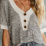ElevenOra Chic Elegant Black-White Pinstripe Button-Up V-Neck Short-Sleeve Loose-Fit Knit Sweater