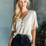 ElevenOra Chic Elegant Cream White Button-Up V-Neck Short-Sleeve Loose-Fit Waffle Knit Sweater