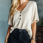 ElevenOra Chic Elegant Cream White Button-Up V-Neck Short-Sleeve Loose-Fit Waffle Knit Sweater