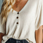ElevenOra Chic Elegant Cream White Button-Up V-Neck Short-Sleeve Loose-Fit Waffle Knit Sweater