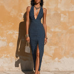 ElevenOra Chic Elegant Dark Blue-White Pinstripe Halter V-Neck Sleeveless Tailored-Waist Slit Detail Midi Dress