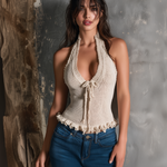 ElevenOra Chic Elegant Cream Halter V-NeckTie-Front Detai Ruffle Hem Sleeveless Slim-Fit Knit Tank Top
