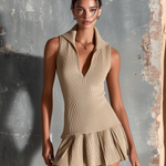 ElevenOra Chic Elegant Beige Lapel V-Neck Sleeveless Pleated A-Line Slim-Fit Ribbed Knit Mini Dress