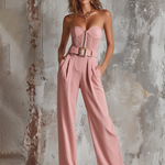 ElevenOra Chic Elegant Blush Pink Bustier Sweetheart Neck Zipper-Up Pleated Belted Waist Triacetate Blend Wide-Leg Jumpsuit