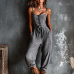 ElevenOra Chic Elegant Grey Washed Cotton-Linen Blend Straps Square Neck Button-Front Waist Belt Straight-Leg Jumpsuit