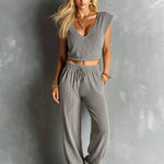 ElevenOra Chic Elegant Gray V-Neck Drop-Shoulder Cropped Vest Drawstring-Waist Straight-Leg Pants Ribbed Knit Two-Piece Set