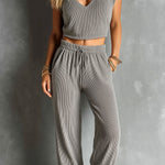 ElevenOra Chic Elegant Gray V-Neck Drop-Shoulder Cropped Vest Drawstring-Waist Straight-Leg Pants Ribbed Knit Two-Piece Set