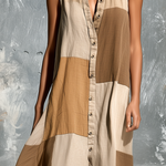 ElevenOra Chic Casual Camel Colorblock Stand-Collar Single-Breasted Sleeveless Loose-Fit A-Line Cotton-Linen Blend Mini Dress